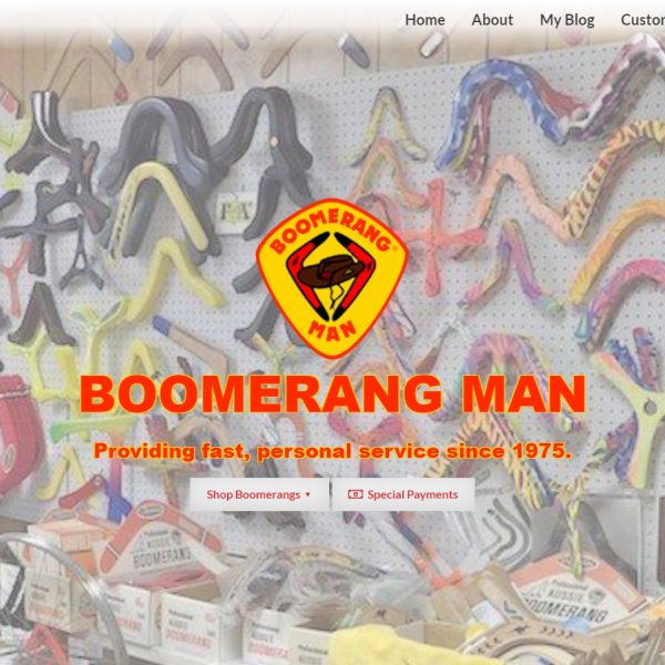 Screenshot of desktop view of the Boomerang Man website.