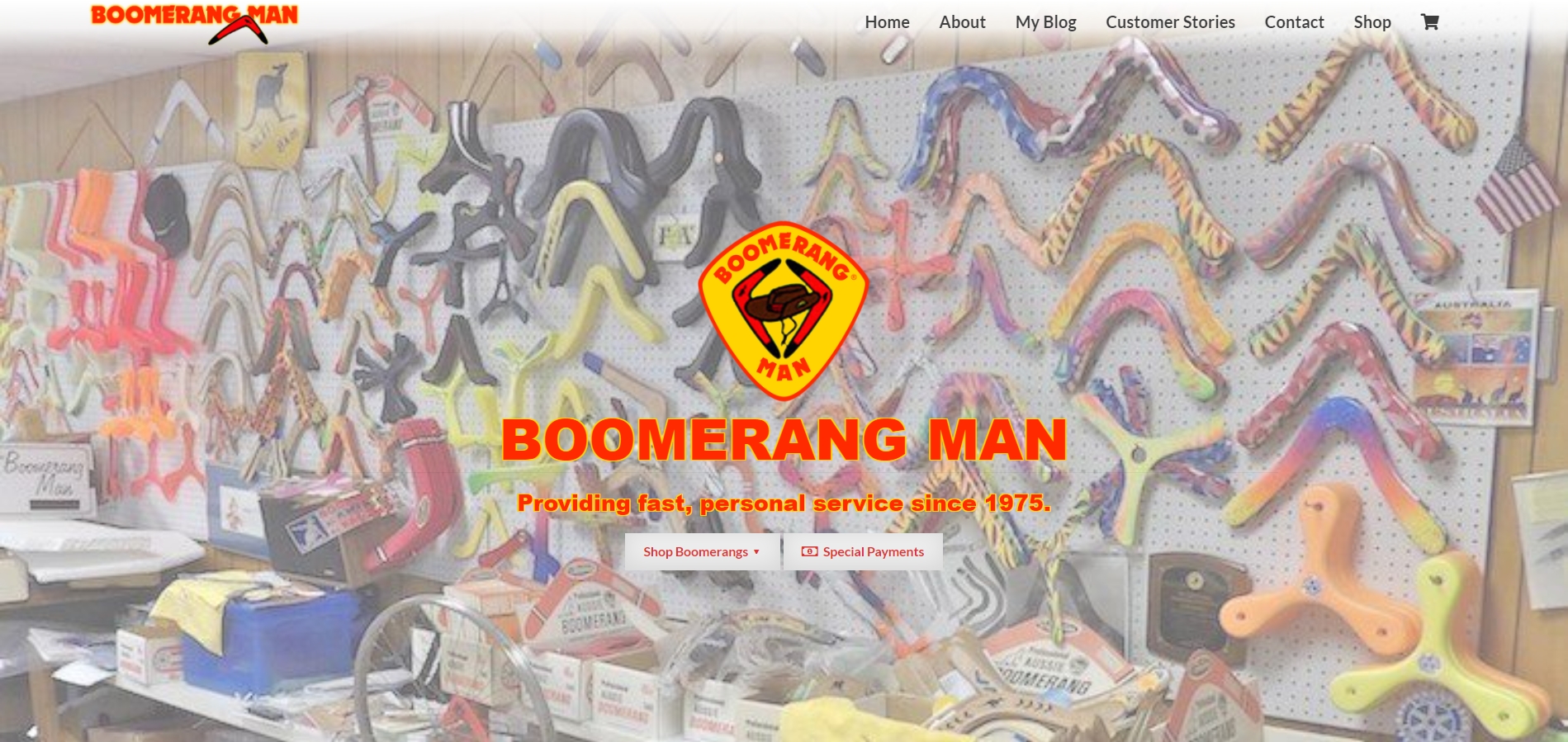 Screenshot of desktop view of the Boomerang Man website.