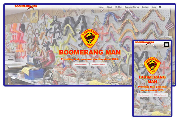 Screenshot composite of desktop and mobile views of the Boomerang Man website.