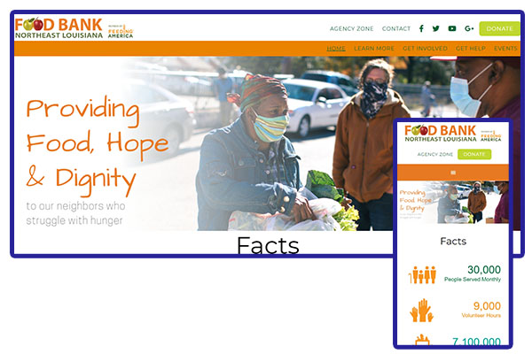 Screenshot composite of desktop and mobile views of the Food Bank of NE Louisiana website.