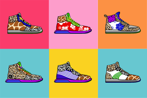 Composite image of six Get Your Kicks Hi-Tops NFT generative artworks