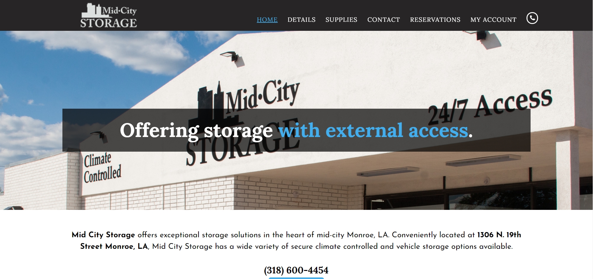 Screenshot of desktop view of the MidCity Storage website.