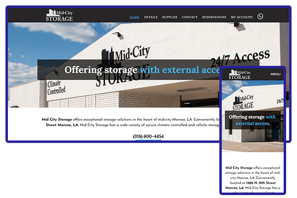 Screenshot composite of desktop and mobile views of the MidCity Storage website.