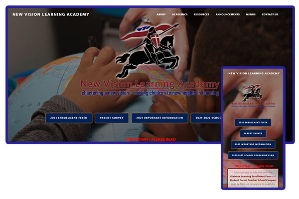Screenshot composite of desktop and mobile views of the New Vision Learning Academy website.