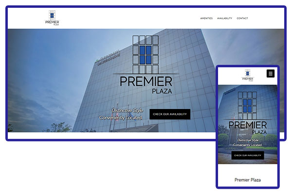 Screenshot composite of desktop and mobile views of the Premier Plaza website.