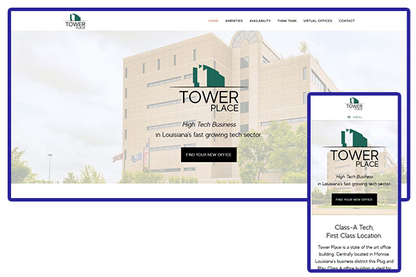 Screenshot composite of desktop and mobile views of the Tower Place website.