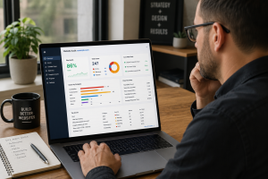 Photo of a web consultant reviewing site metrics on a computer.
