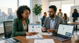 Business owner reviewing website performance report with consultant