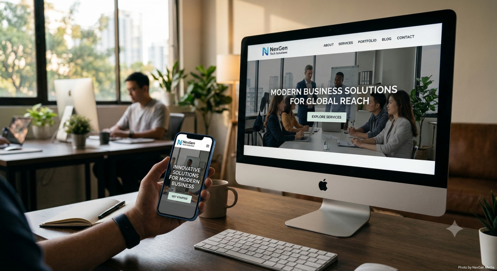 Modern business website displayed on desktop and mobile