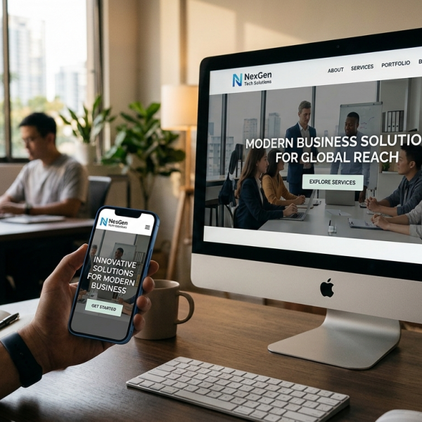 Modern business website displayed on desktop and mobile
