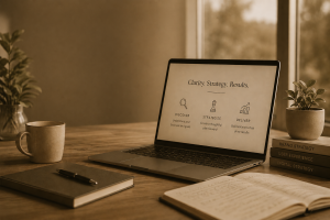 Photo of an office desk with a laptop
